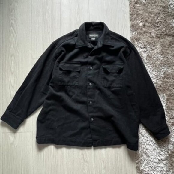 VTG Eddie Bauer 100% Wool Button Down Shirt Black Lrg Workwear Shacket Hong Kong - Picture 2 of 7